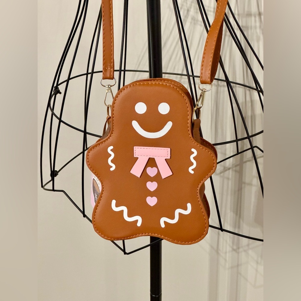 New Christmas Gingerbread Man w/ Pink Bow Faux Leather Crossbody Handbag Purse